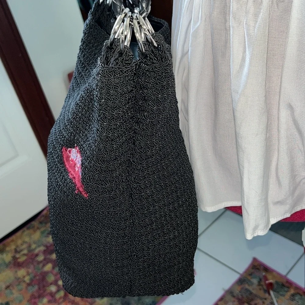 Crocheted bag  black / red velvet hat /white lt. Blue Red flower appliqué 3 comp
